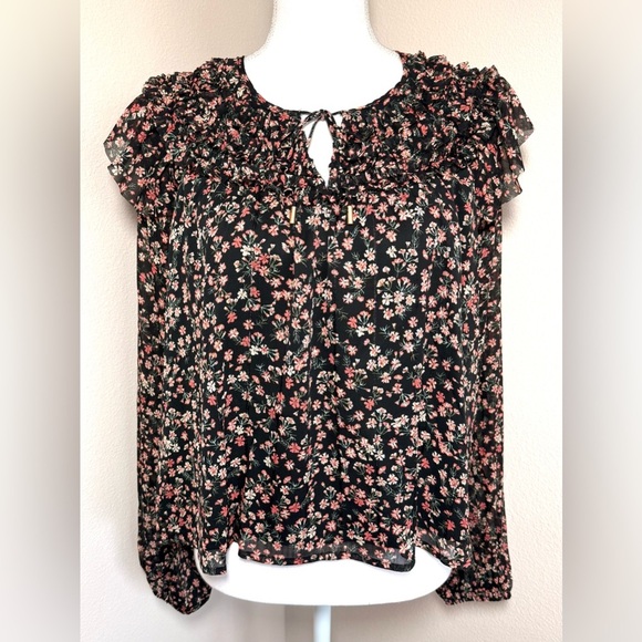 Skies Are Blue Tops - NWT Skies Are Blue Boho Floral Ruffle Blouse Black Pink Women Small